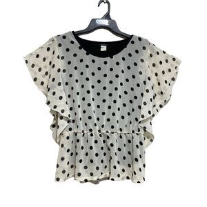 Cocomo Blouse Top Womens Size Large Ivory Black Polka Dots Flutter Sleeves Lined